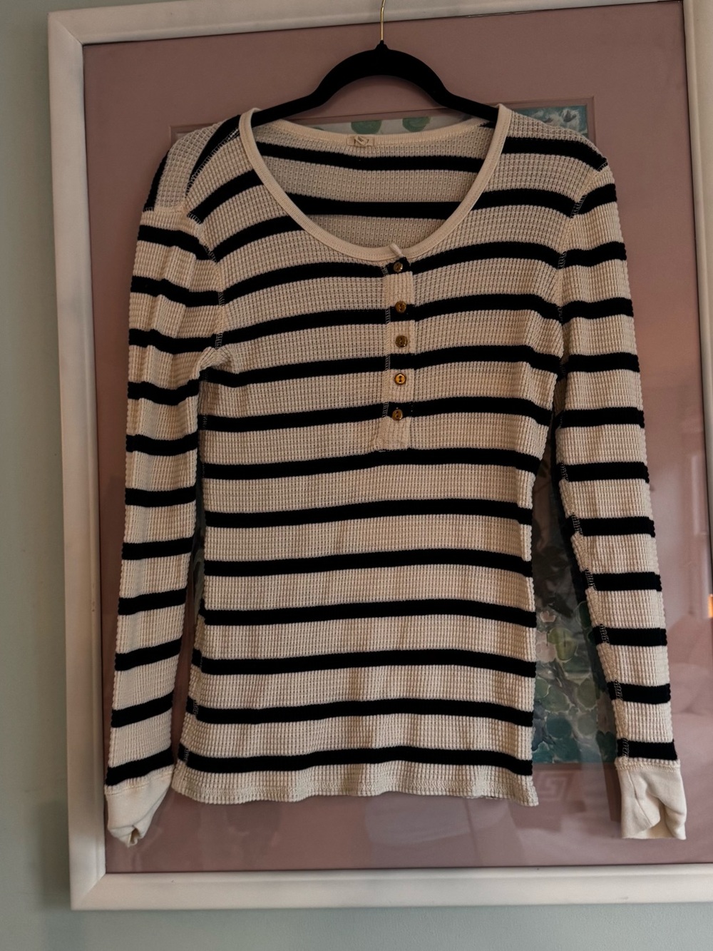 Striped Long Sleeve Knit Henley Top - Cream & Black